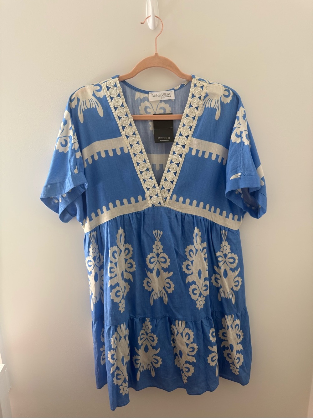 Embroidered Blue and Cream V‑Neck Women's Dress